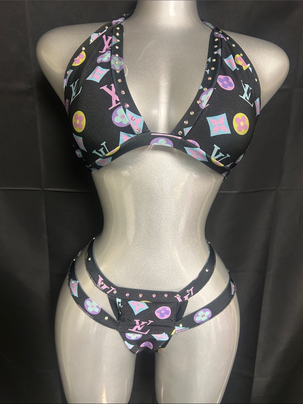 Black Logo-Print Halter Bikini - Multicolor Accents